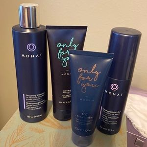 Monat Shampoo and styling products.